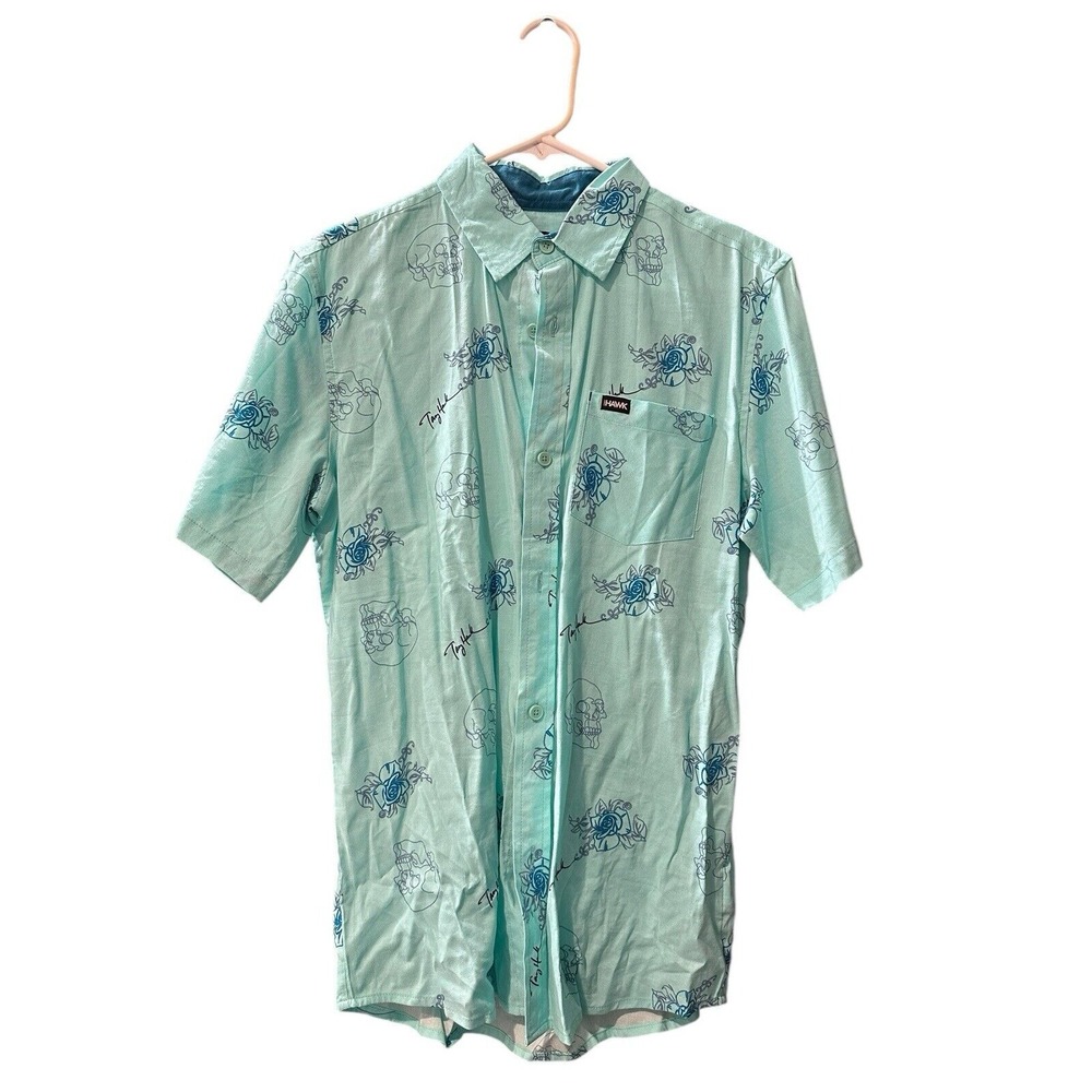 Tony Hawk Shirt Mens Sea Foam‎ Short Sleeve Collared Button Down Skull Rose EUC